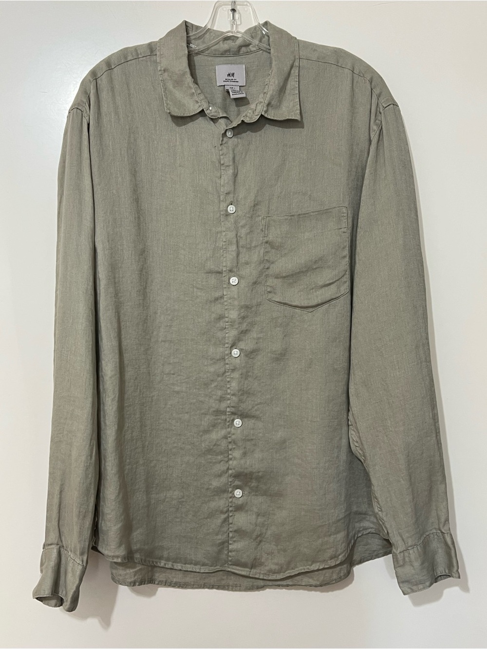 H&M Olive Green Casual Button-Down Linen Shirt Regular Fit